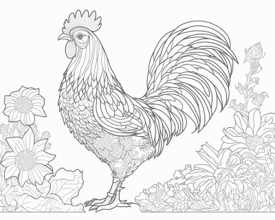 Omaľovánka kohúta s dlhým klenutým chvostom medzi záhradnými kvetmi a rastlinami